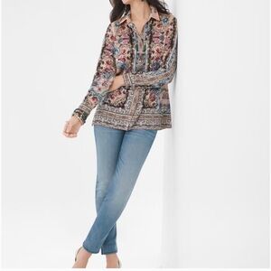 NWT Chico's Floral Scrolls Print Long Sleeve Button up Blouse Sz3 (16/18)